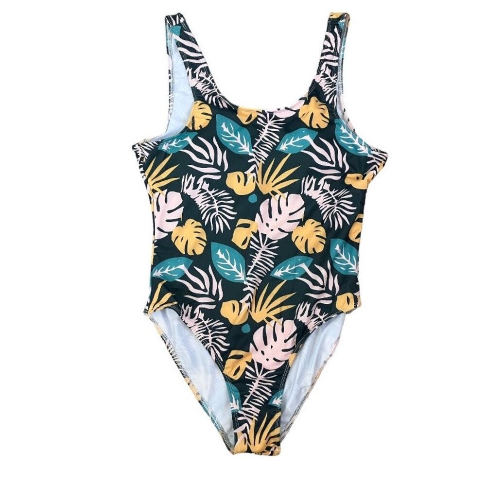 New Tropical Green & Yellow Palm Leaf Flattering Fit One-Piece Swimsuit Large